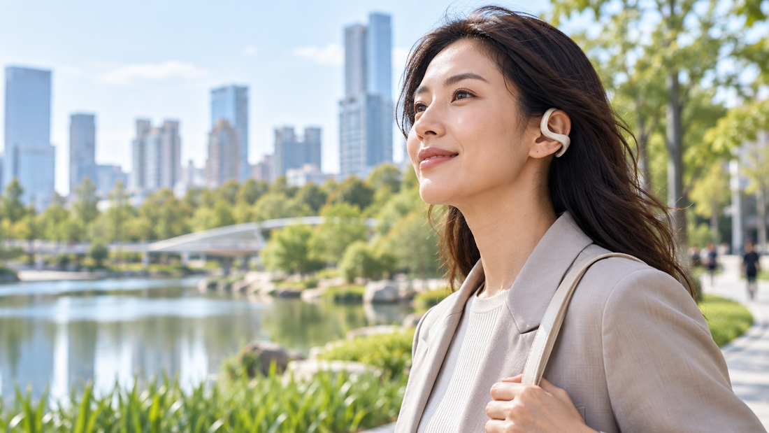 Illustrative editorial image of a commuter wearing open-ear earbuds outdoors